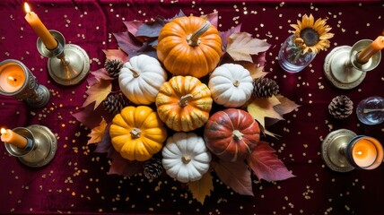 Autumnal Thanksgiving Table Setting with Pumpkins, Candles, and Fall Leaves