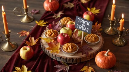 Autumnal Halloween Treat Table Setting with Pumpkins, Apples, and Mini Pies