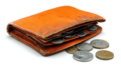 A worn, orange leather wallet with coins and bills inside, isolated on a white background.