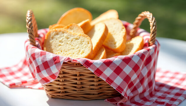 A Charming Wicker Basket Filled with Freshly Sliced Golden Bread, Lined with a Classic Red and White Gingham Cloth, Set Outdoors on a Sunny Day for a Picnic.