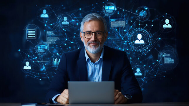 Digital professional in modern office setting, engaged in hybrid brainstorming session with digital interfaces and data visualizations