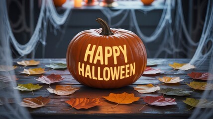 Illuminated Happy Halloween Jack-o'-lantern with Autumn Leaves