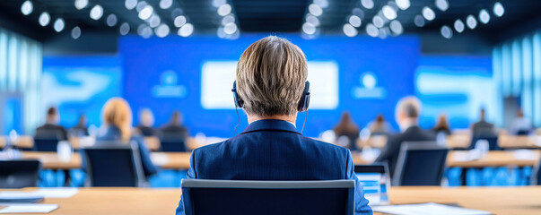 Professional attending large virtual business summit, focused on presentation with headphones on, surrounded by engaged audience