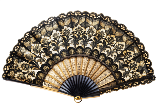  ornate black ace folding fan open showcasing  on white isolated on white background PNG, AI GENERATED