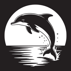 A black and white illustration of a dolphin jumping out of the water with a moon in the background