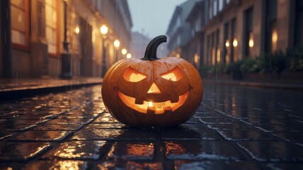 Illuminated Jack-o'-lantern on Rainy Cobblestone Street at Night