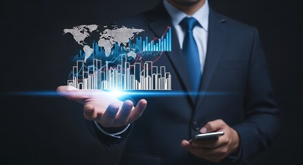 Businessman displays global financial data projection with smartphone