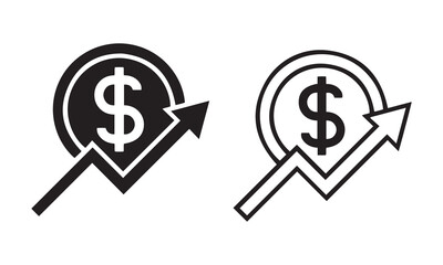 Finance Growth Icons. Dollar Sign with Upward Arrow in Flat Design for Investment and Profit Tracking.