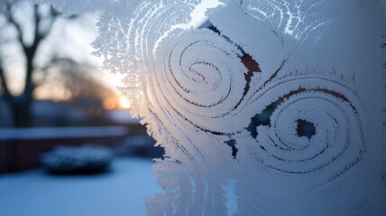 Winter Frost Patterns on Window Pane at Sunrise