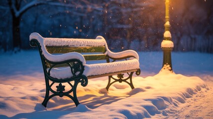 Snow-Covered Bench in Winter Park at Dusk
