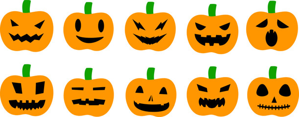 Set of 10 Halloween Pumpkin Faces Vector | Cute and Scary Jack O’Lantern Clipart | Spooky Autumn Decoration for Stickers, Posters, Crafts, and Party Graphics