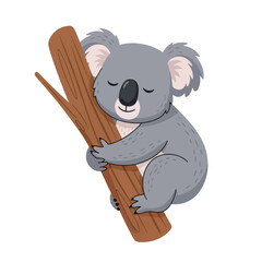 A cute cartoon koala bear peacefully sleeping while hugging a tree branch.