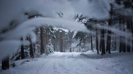Enchanting Winter Pathway Through Snow-Covered Forest
