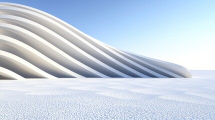 A modern architectural structure with a curved design and white exterior stands against a clear blue sky.