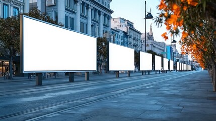 Obraz premium Blank white building hoarding in San Francisco at noon, ideal for outdoor advertisement campaigns, with bright daylight illuminating the empty sign.