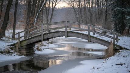 Wooden Footbridge Over Icy Stream in Winter Wonderland
