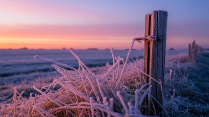 Frosty Sunrise Over a Rural Landscape with Wooden Fence Post