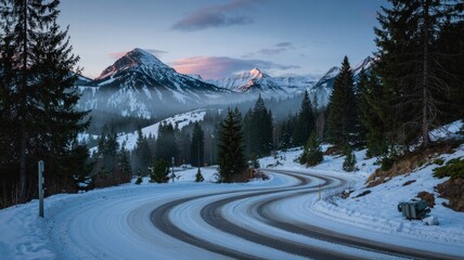 Serpentine Winter Road Winding Through Snowy Mountain Pass at Dawn