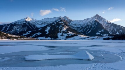 Serene Winter Landscape Frozen Lake and Majestic Mountain Range