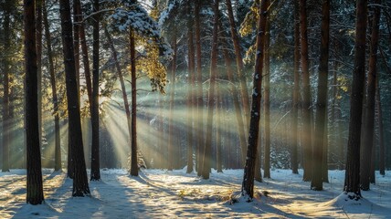 Sunbeams Illuminating a Snow-Covered Pine Forest in Winter