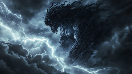 Gigantic monster emerging from storm clouds with lightning strikes