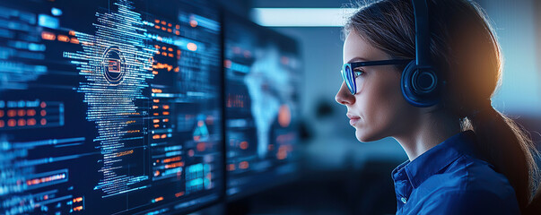 Focused woman in modern office environment, wearing glasses and headset, analyzes data on multiple screens displaying digital information