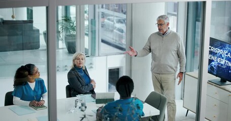 Man, medical meeting and presentation in hospital for gene editing, DNA innovation or biotechnology. Doctor, screen and presenter with healthcare team for genome engineering, talk and science above - Powered by Adobe