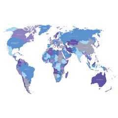 Obraz premium World map. Blue political map of the world cut out of paper on white background. Countries. Vector