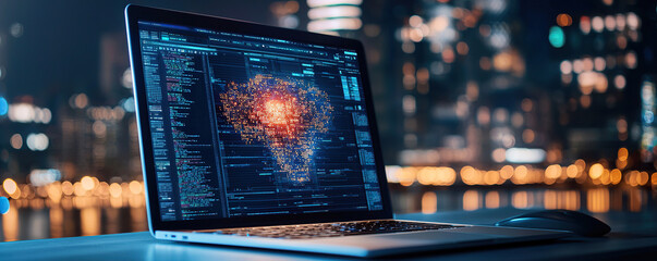 Sleek digital workspace featuring laptop displaying holographic map of Africa illuminated by vibrant data points, set against city skyline