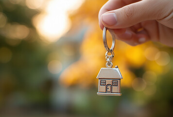 A hand holds a keychain with a small house shape, warm and full of life, suitable for real - estate, key, and life - related materials.