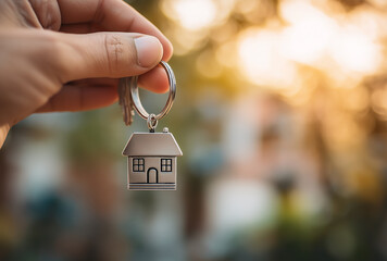 A hand holds a keychain with a small house shape, with a sunlit background, conveying real - estate and belonging, suitable for real - estate and life - related materials.