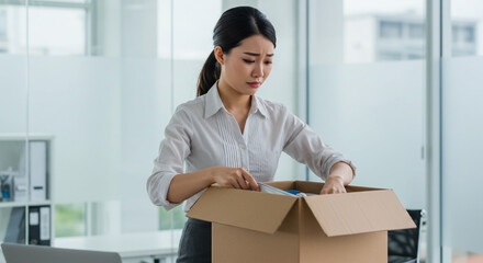 Sad asian woman packing her belongings into a cardboard box in a bright office space
