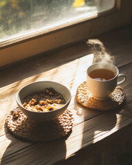cozy, breakfast concept, creamy oatmeal with honey and walnuts , glass of tea with lemon slice on wooden table, near window with morning light. 