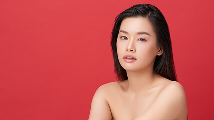 A beautiful young Asian woman with clean, fresh skin against a red background. Skincare, facial...