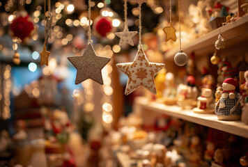 A Christmas scene filled with decorations, including star ornaments and snowmen, with a warm and romantic atmosphere, suitable for Christmas, festival, and decoration - related materials.