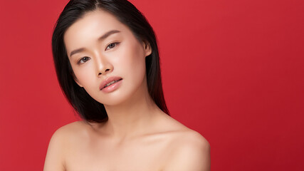 A beautiful young Asian woman with clean, fresh skin against a red background. Skincare, facial...