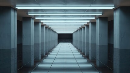Abstract corridor with repetitive structure and blue lighting design