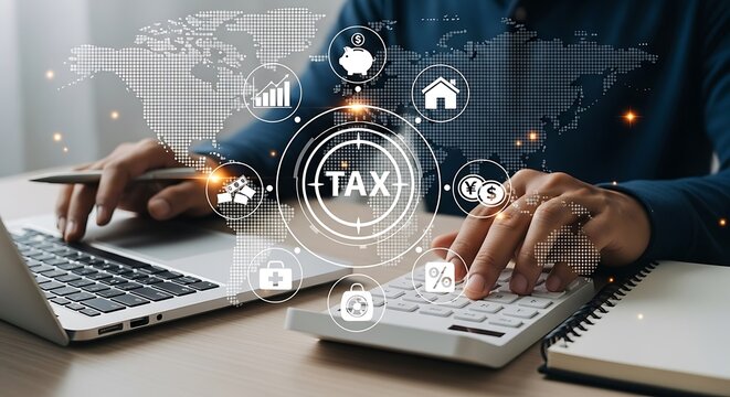 Person calculating taxes with laptop calculator and financial icons