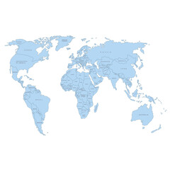 World map. Blue political map of the world cut out of paper on white background. Countries. Vector