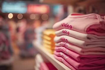 Neatly stacked children's clothes in pink, yellow, etc. on the shelf, with soft colors, suitable for children's clothing, mother - and - baby, and retail - related materials.