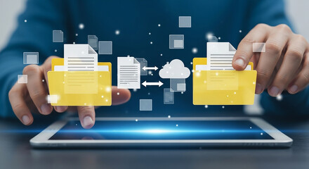 Hands exchanging yellow file folders between cloud icons representing online data transfer cloud storage technology sharing and file exchange

