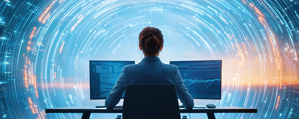 Professional working dual monitors futuristic digital environment, surrounded by glowing data streams and abstract patterns, conveys sense