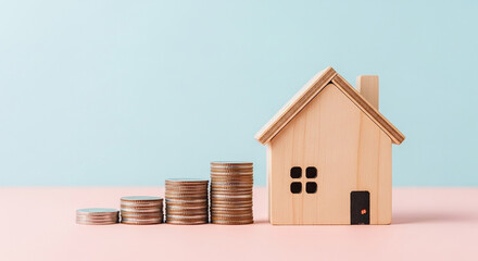 Model house with stacked coins representing property investment mortgage savings housing finance and real estate budget planning goals
