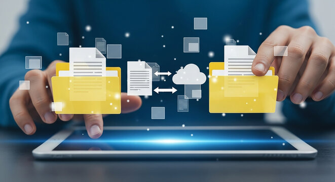 Hands exchanging yellow file folders between cloud icons representing online data transfer cloud storage technology sharing and file exchange