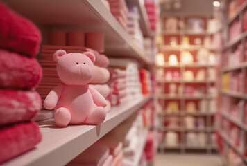 On a pink - and - white shelf, there's a pink teddy bear doll, cute and warm, suitable for mother - and - baby, children's clothing, and cute - style materials.