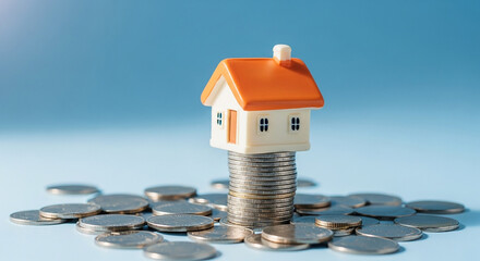 Wooden blocks with house money and cubes representing budget property investment planning savings and financial goal setting in housing
