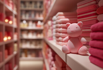 On a pink - and - white shelf, there's a pink teddy bear doll, cute and warm, suitable for mother - and - baby, children's clothing, and cute - style materials.