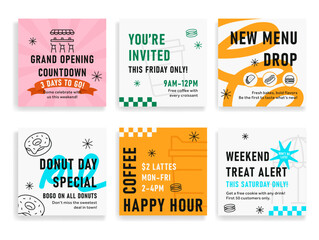 Social media offer templates for cafes promoting new menu items, special events and special occasion discounts