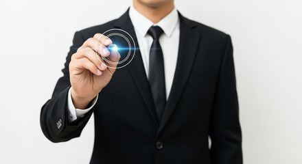 Businessman holding digital pen checking virtual checklist on transparent screen representing task management productivity and project control
