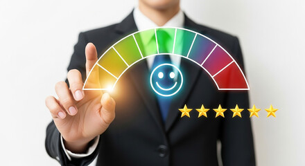 Businessman selecting smiley rating on customer experience meter representing service feedback satisfaction and review quality assessment
